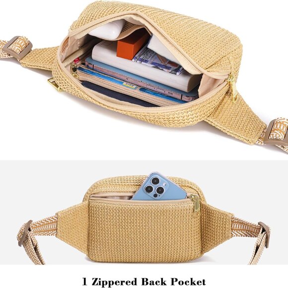 Khaki RFID Blocking Straw Summer Fanny Pack with Adjustable Strap for Women - Picture 7 of 8